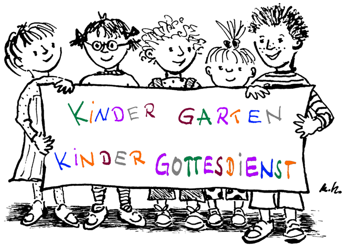 Fünf gezeichnete Kinder halten ein Schild mit der Aufschrift "Kindergarten Kindergottesdienst"